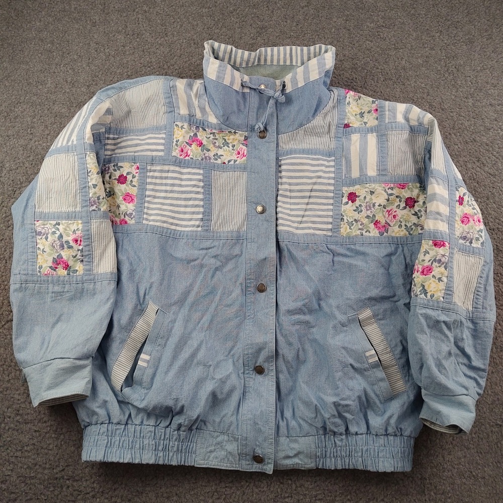 VTG Cottagecore Jacket Sz Medium Patchwork Floral Blue Cotton 100% Cotton EUC
